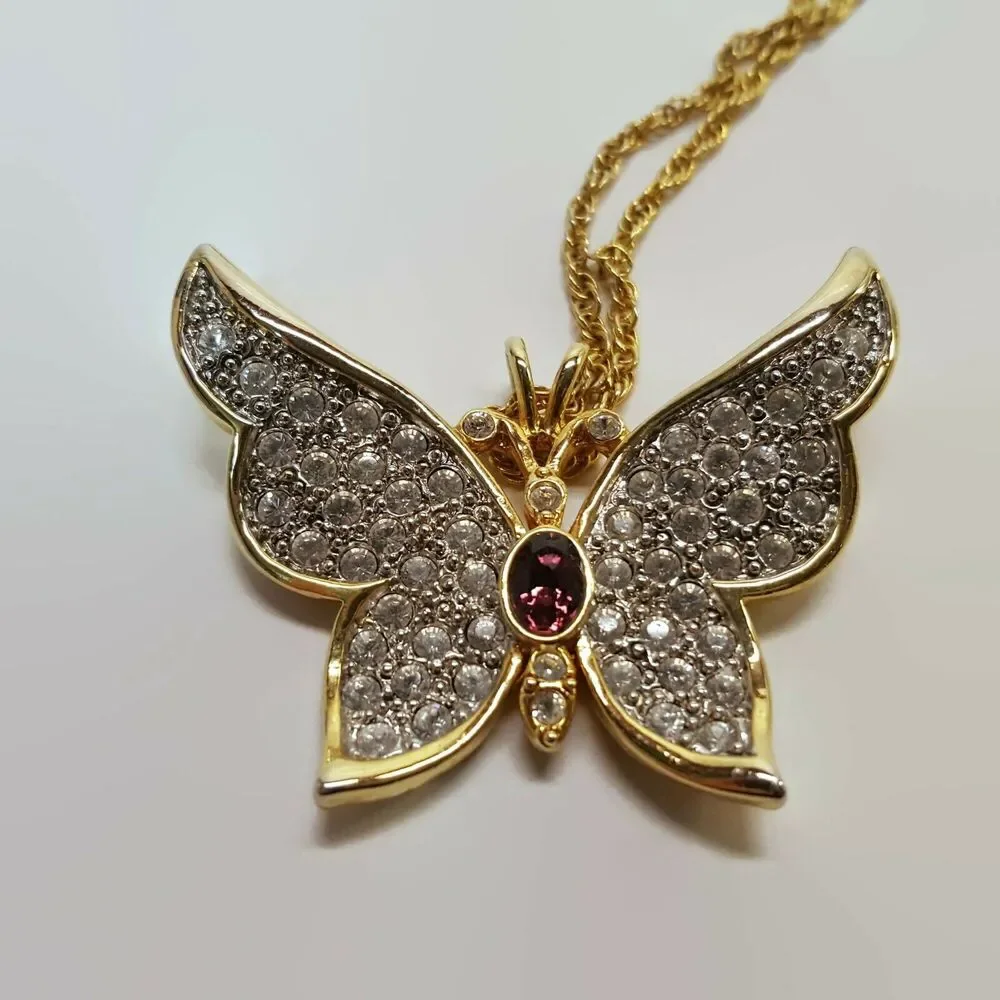 PS CO 1999 Butterfly Rhinestone Gold Tone Necklace
